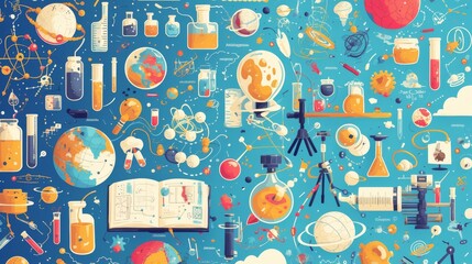 a vibrant collage of different scientific fields including biology, chemistry, physics, and astronom
