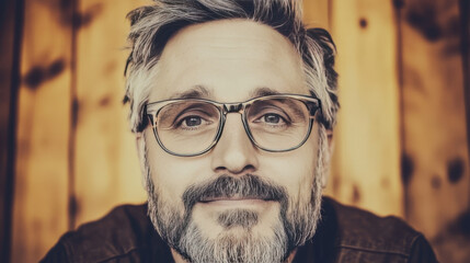 Canvas Print - A close-up portrait of a middle-aged man with a gray beard and glasses, looking directly at the camera with a warm smile.