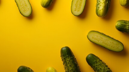 Wall Mural - A variety of pickled cucumbers arranged in different shapes and sizes are artfully positioned on a bright yellow surface, showcasing their textures and colors