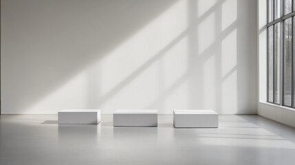 Poster - Three white pedestals of varying heights are evenly spaced on a clean surface, creating a sleek, minimalist aesthetic perfect for showcasing products