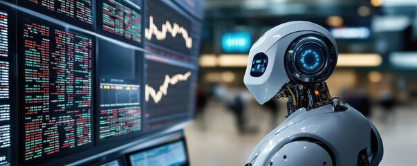 Poster - A futuristic robot analyzes stock market data, showcasing advanced technology in finance and artificial intelligence.