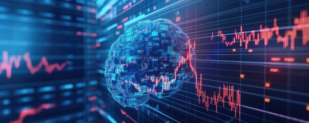 Poster - Futuristic visualization of a brain with digital data streams and graphs representing artificial intelligence and neural networks.
