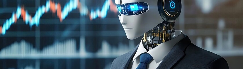 Poster - A futuristic robot in a business suit symbolizes the integration of technology and finance, highlighting modern innovation in industry.