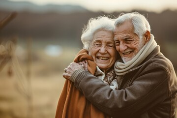 Wall Mural - Portrait of a senior couple embracing in the park at sunset.