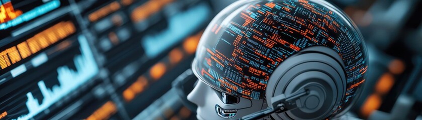 Poster - Futuristic robot head with illuminated circuits, symbolizing advanced technology and artificial intelligence innovation.