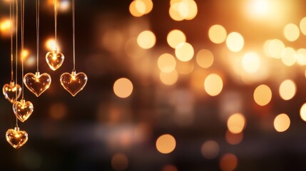 Poster - Crystal-clear heart ornaments dangle from a fine string, illuminated by soft yellow lights. The blurred backdrop enhances the dreamy, romantic feel ideal for special occasions