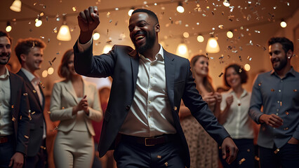 Wall Mural - Happy candid young business black man dancing under confetti at an office party celebrating success and company goals