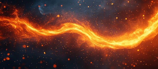 Wall Mural - A fiery stream of light against a dark background with sparks and glowing particles.