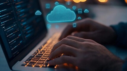 Aufkleber - A pair of hands types on a sleek laptop keyboard, illuminated by soft light, while a blue cloud icon floats above, symbolizing cloud computing and digital connectivity
