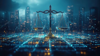 A legal professional discusses labor law using digital tools, with Libra scales symbolizing justice in a tech-driven legal business concept.