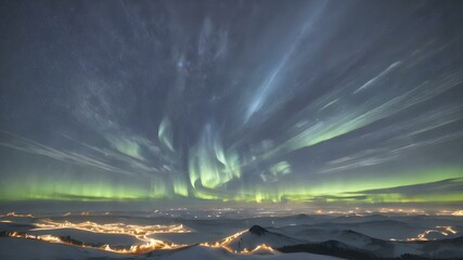 A cold, clear polar night sky with the faint glow of the sun on the horizon and a sky full of stars and aurora lights shimmering
