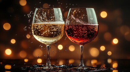 Canvas Print - Two wine glasses with white and red wine splashing on a dark background with bokeh lights.