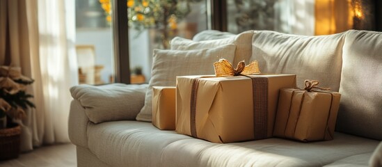 Wall Mural - Two wrapped presents, one large and one small, placed on a white sofa.