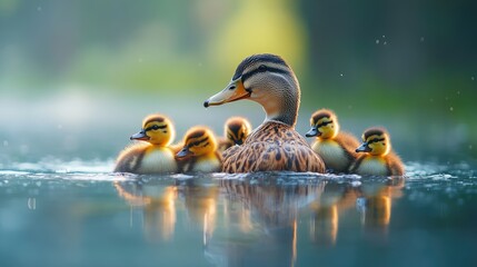 Mother duck swimming with ducklings on her back at golden hour