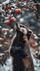 curious badger standing up reaching for apples in winter