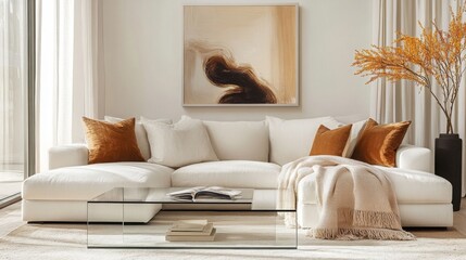 Poster - This stylish living area features a large white sofa adorned with orange pillows, a cozy throw blanket, and a glass coffee table. The space is enhanced by a beautiful artwork and natural light.