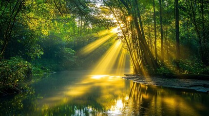 Wall Mural - sun rays shining through trees and reflecting on a calm river in the forest.
