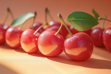 Ripe red cherries casting shadows on orange surface