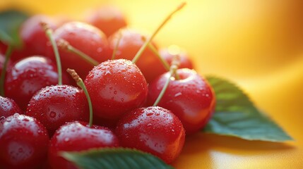 Fresh red cherries with water droplets on yellow background