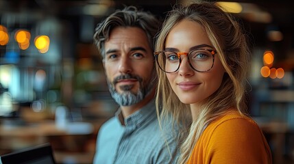 A man and woman collaborate in an office, using a laptop for data-driven web technology, brainstorming sessions, and collaborative problem-solving meetings.