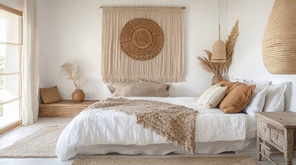 Poster - This cozy bedroom features natural materials, including a woven wall hanging, wooden furniture, and soft textiles. The warm color palette creates a relaxing atmosphere, perfect for unwinding.