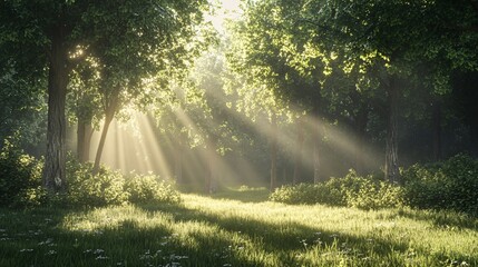 Wall Mural - sunbeams illuminate a misty forest clearing with green grass and trees.