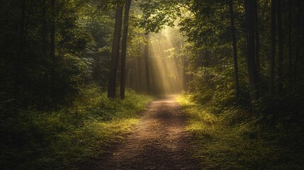 Wall Mural - sunbeams illuminate a path through a dense, green forest.