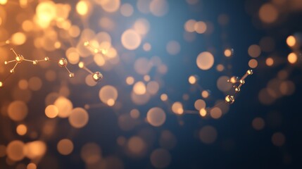 Poster - Glowing orbs of varying sizes are interconnected by delicate golden lines against a dark blue background, depicting intricate molecular structures with a modern, futuristic flair
