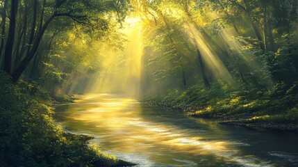 Wall Mural - sunbeams illuminate a serene river winding through a lush green forest.
