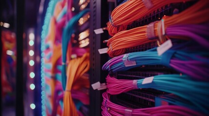 Poster - Brightly colored internet cables are thoughtfully arranged within a server rack, showcasing labels and reflecting soft blue LED lights for a vibrant tech ambiance