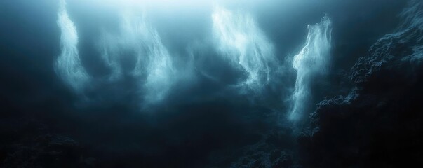Poster - Mysterious underwater scene with ethereal light rays creating a tranquil and dreamlike atmosphere, perfect for serene imagery.
