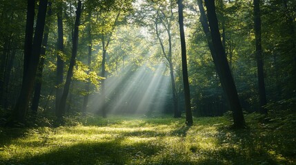 Wall Mural - sunbeams shining through trees in a lush green forest.