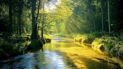 Wall Mural - sunbeams shining through the trees onto a calm forest river.