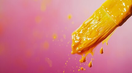 Poster - A thick paintbrush is suspended above a pastel pink backdrop, its bristles loaded with vibrant yellow paint. Droplets of color hang from the tip, creating a dynamic visual