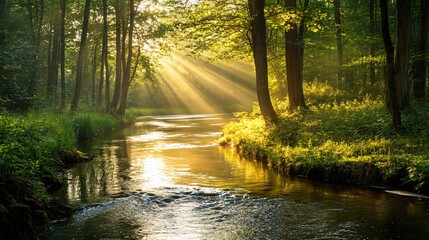 Wall Mural - sunlight streams through the trees and illuminates a flowing river in a forest.