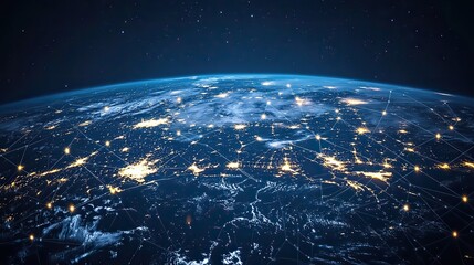 Wall Mural - a panoramic view of a dotted earth with digital communication lines illustrating global network conn
