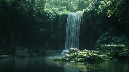 Wall Mural - tranquil waterfall cascading into a serene pond in a lush green forest.