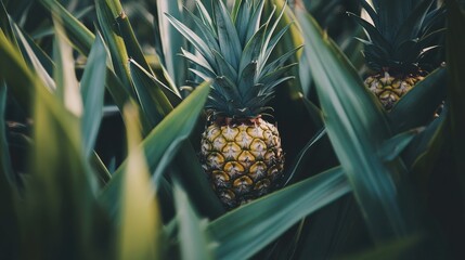 Wall Mural - A close-up of pineapple plants in the field, with the fruits peeking out from the thick green foliage.