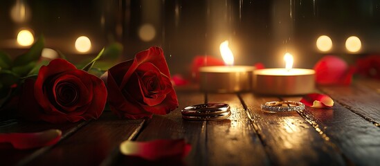 romantic candlelit setting with roses and wedding bands