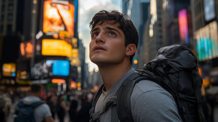 Poster - A man with a backpack is looking up at a sign. The scene is set in a busy city with many people walking around. The man is lost in thought, possibly contemplating his next move or destination