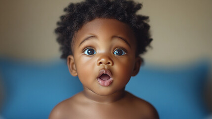 Canvas Print - A baby with blue eyes and brown hair is looking up at the camera. The baby's mouth is open, and the eyes are wide open, giving the impression of surprise or excitement