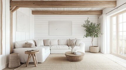 Aufkleber - A bright living room featuring a white sectional sofa adorned with neutral cushions, a woven coffee table, and a decorative plant. Large windows allow sunlight to illuminate the tranquil space.