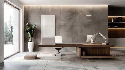 Poster - Modern office interior with a large desk, chairs, and a plant. The room has a clean and minimalist design with a large window overlooking a view of trees.