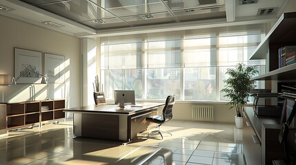 Poster - Modern office interior with a large desk, chairs, and a bookshelf filled with books. The room is bright and airy with sunlight streaming through the window.