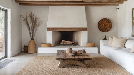Poster - A living room with a white couch, a wooden coffee table, and a fireplace. The fireplace has a wooden mantel and a white surround. There is a woven rug on the floor and a tall vase of dried grasses