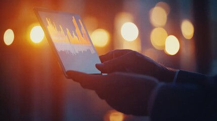 Aufkleber - a professional individual holds a tablet displaying a holographic bar chart and financial data, emph