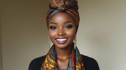 Poster - A woman with a scarf on her head and earrings. She is smiling and looking at the camera