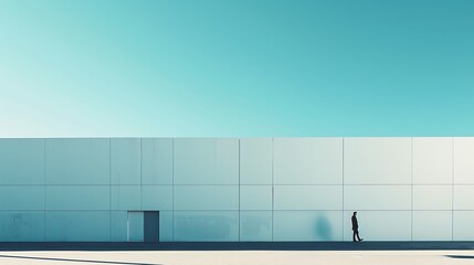 Poster - Solitary figure walks in front of a minimalist white wall against a clear blue sky.