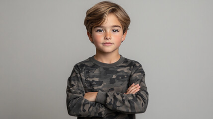 Poster - A young boy with a grey camo shirt and a serious expression. He is standing with his arms crossed