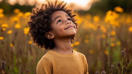 Poster - A young boy with curly hair is standing in a field of yellow flowers, looking up at the sky